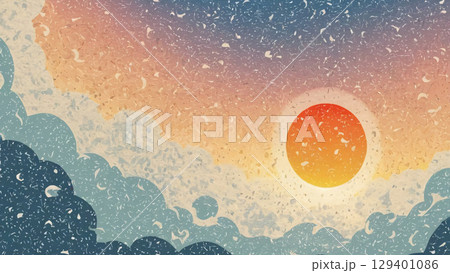 A breathtaking sunset over the vast ocean, accompanied by a dreamy and colorful cloudscape 129401086