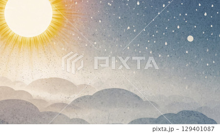A picturesque and serene landscape featuring vibrant sunshine and fluffy white clouds 129401087