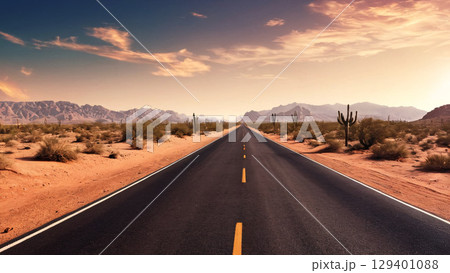 An endless road stretches through a vast desert landscape under the blue sky above 129401088