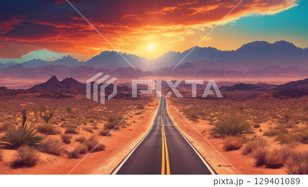 The Majestic Desert Road at Sunset showcases breathtaking beauty and adventure, inviting travelers 129401089