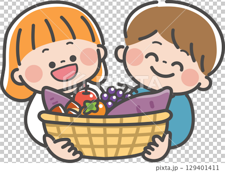 孩子們拿著裝滿秋季美食的籃子 129401411