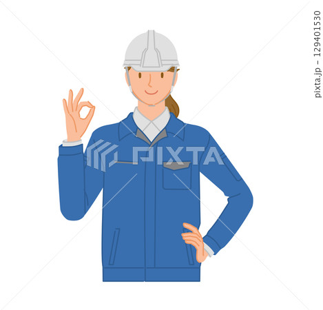 ビジネスイメージ:笑顔の若い女性(作業服とヘルメット):手でOKポーズ ビジネスイメージ:笑顔の若い女性(作業服とヘルメット):手でOKポーズ 129401530