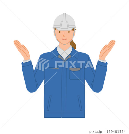 ビジネスイメージ:笑顔の若い女性(作業服とヘルメット):両手を上げる ビジネスイメージ:笑顔の若い女性(作業服とヘルメット):両手を上げる 129401534