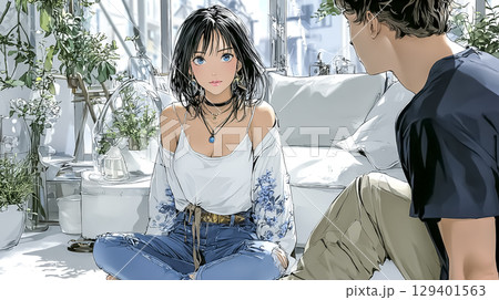 心療内科で患者の話を聞く女医のイラスト素材 129401563
