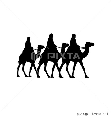 camel caravan silhouette group of travelers riding through desert traditional journey concept on white background 129401581