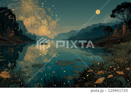 月明かりの湖と花とホタル 花火が彩る幻想的夜景イラスト 月明かりの湖と花とホタル 花火が彩る幻想的夜景イラスト 129401720