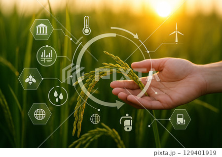 AI generated hand gently touches green rice grain in smart farming field with floating HUD icons representing agricultural technology and sustainable food production in natural sunlight 129401919