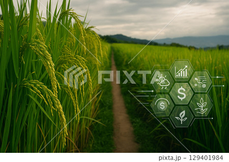 AI generated ultra realistic rice field with digital icons blending nature and technology symbolizing precision agriculture and data driven sustainable farming AI generated ultra realistic rice field with digital icons blending nature and technology symbolizing precision agriculture and data driven sustainable farming 129401984