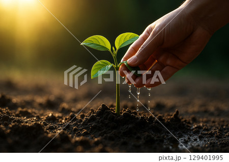 AI generated closeup of a hand watering a young seedling symbolizing care growth and new beginnings in warm natural light AI generated closeup of a hand watering a young seedling symbolizing care growth and new beginnings in warm natural light 129401995