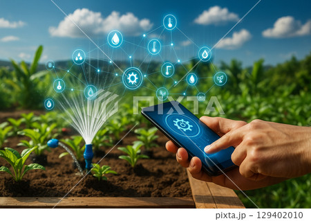 AI generated ultra realistic photo showing smart irrigation control via smartphone in green farm using IoT and automation for precision agriculture and sustainable growth AI generated ultra realistic photo showing smart irrigation control via smartphone in green farm using IoT and automation for precision agriculture and sustainable growth 129402010