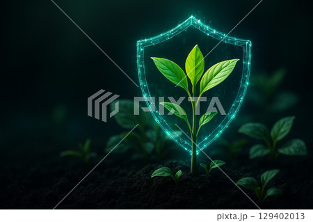 AI generated green seedling protected by glowing shield symbolizes intelligent crop safety and precision agriculture technology in a futuristic digital environment 129402013