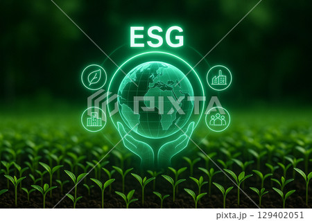AI generated ultra realistic symbolic image blending green seedlings with digital ESG icons to represent harmony between nature and responsible innovation AI generated ultra realistic symbolic image blending green seedlings with digital ESG icons to represent harmony between nature and responsible innovation 129402051