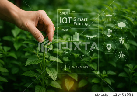 AI generated ultra realistic photo showing human hand managing green plant with floating digital UI of IoT smart farming icons and graphs in a lush green field with natural light 129402082