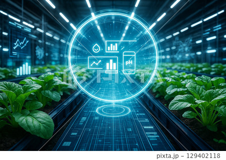 AI generated futuristic smart farm with digital dashboard overlay in vertical greenhouse showing plant growth data and precision environment control with ambient cool lighting 129402118