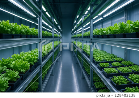 AI generated hyper detailed indoor vertical farm with layers of green vegetables growing under cool LED lights in a clean controlled environment reflecting futuristic agriculture innovation 129402139