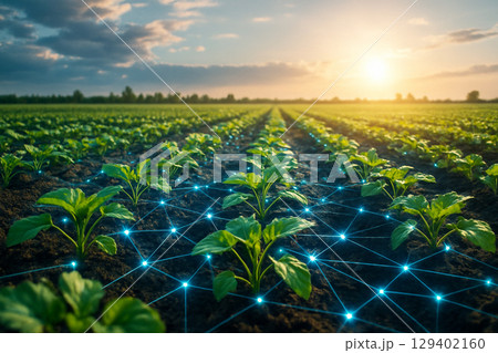 AI generated ultra realistic field of green crops with glowing blue digital mesh symbolizing real time data analysis precision farming and sustainable technology in agriculture 129402160
