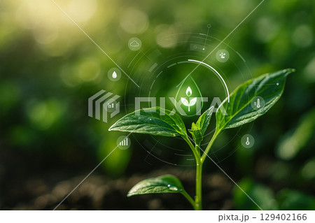 AI generated ultra realistic photo showing healthy green leaves with water droplets surrounded by transparent digital icons representing smart farming precise agricultural monitoring in natural light AI generated ultra realistic photo showing healthy green leaves with water droplets surrounded by transparent digital icons representing smart farming precise agricultural monitoring in natural light 129402166