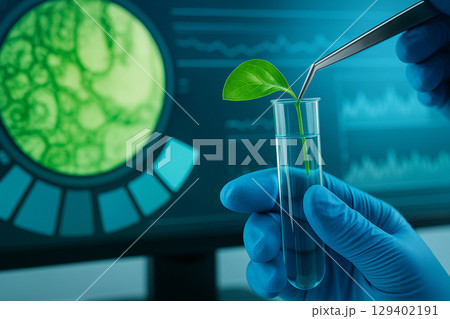 AI generated green leaf placed into test tube by gloved hands with digital biology interface in background representing precision science data integration and sustainable biotechnology 129402191