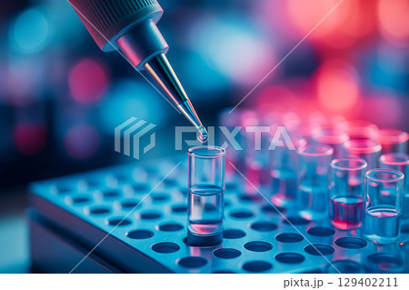 AI generated high detail image of laboratory pipette releasing liquid into micro test tube showing precision control in modern biotechnology environment 129402211