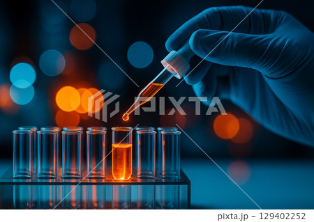 AI generated ultra detailed image showing a gloved hand using a pipette to drop glowing orange liquid into test tubes in a modern lab symbolizing precision energy and scientific innovation AI generated ultra detailed image showing a gloved hand using a pipette to drop glowing orange liquid into test tubes in a modern lab symbolizing precision energy and scientific innovation 129402252