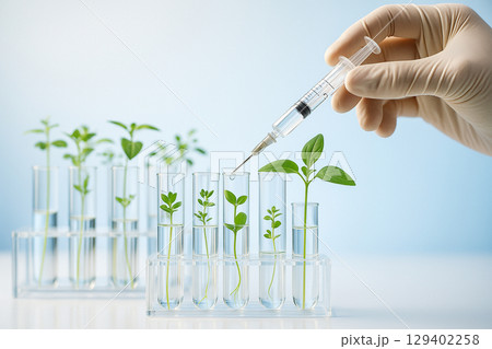 AI generated precise plant research in glass tubes showing early growth nurtured by biotechnology in a sterile lab environment with emotional symbolism 129402258