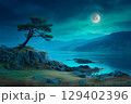 Serene Night Scene with Tree, Moon, and Calm Waters Under Starry Sky in a Tranquil Landscape 129402396