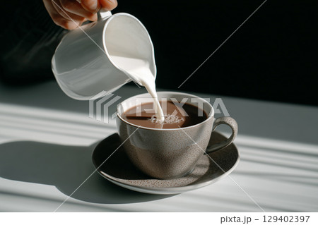 Pouring Creamy Milk into a Warm Coffee Cup with Smooth Texture and Soft Natural Light 129402397