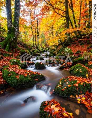 紅葉で赤や黄色に染まった森の中を流れる清流 129402526