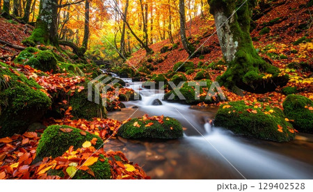 紅葉で赤や黄色に染まった森の中を流れる清流 129402528