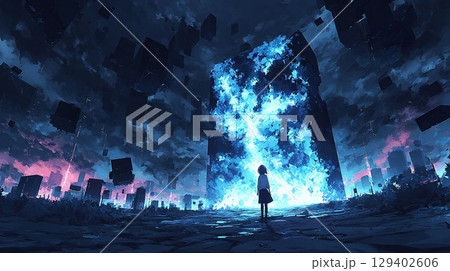 巨大な光の壁に立ち向かう少女 巨大な光の壁に立ち向かう少女 129402606