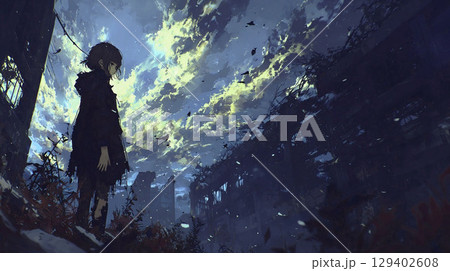荒廃した街と孤独な旅人 荒廃した街と孤独な旅人 129402608