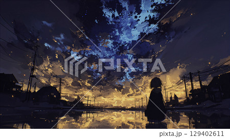 水面に映る空と電線に囲まれた静寂の風景 水面に映る空と電線に囲まれた静寂の風景 129402611