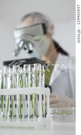 Close up of test tubes with a scientist analyzing plant samples in test tubes with a microscope, conducting research in a laboratory. Medicine, healthcare and science concept Close up of test tubes with a scientist analyzing plant samples in test tubes with a microscope, conducting research in a laboratory. Medicine, healthcare and science concept 129402647