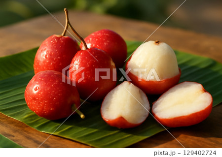 AI generated close-up of vibrant Malay Rose Apple fruits on banana leaves with dewdrops. Fresh, tropical, juicy flesh visible, set in a natural warm sunlight creating a soft, inviting atmosphere. AI generated close-up of vibrant Malay Rose Apple fruits on banana leaves with dewdrops. Fresh, tropical, juicy flesh visible, set in a natural warm sunlight creating a soft, inviting atmosphere. 129402724