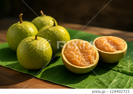 AI generated close-up shot of fresh wood apples with vibrant green skin and juicy pulp on a banana leaf. Soft sunlight creates a warm, tropical ambiance, highlighting the fruit texture and moisture. AI generated close-up shot of fresh wood apples with vibrant green skin and juicy pulp on a banana leaf. Soft sunlight creates a warm, tropical ambiance, highlighting the fruit texture and moisture. 129402725