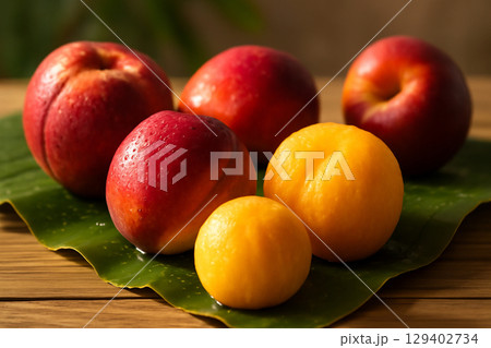 AI generated close-up of vibrant nectarines on a wooden table with banana leaves. Some fruits are whole, others peeled, showcasing juicy flesh with water droplets, natural sunlight, and soft shadows. AI generated close-up of vibrant nectarines on a wooden table with banana leaves. Some fruits are whole, others peeled, showcasing juicy flesh with water droplets, natural sunlight, and soft shadows. 129402734