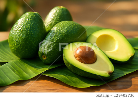 AI generated close-up of fresh avocados on banana leaves. Some avocados are whole, others are peeled showing creamy interior. The soft light and natural setting create a warm, tropical atmosphere. AI generated close-up of fresh avocados on banana leaves. Some avocados are whole, others are peeled showing creamy interior. The soft light and natural setting create a warm, tropical atmosphere. 129402736