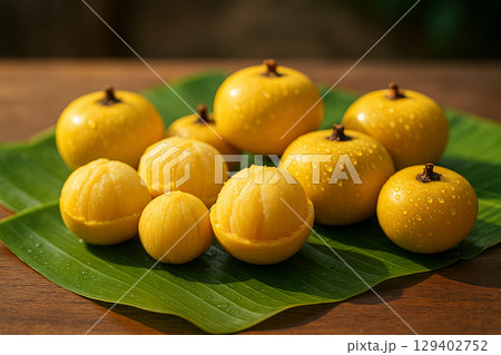 AI generated close up of fresh Jan fruit on banana leaves with peeled and whole fruits water droplets tropical warm sunlight soft shadows clean background commercial style 129402752