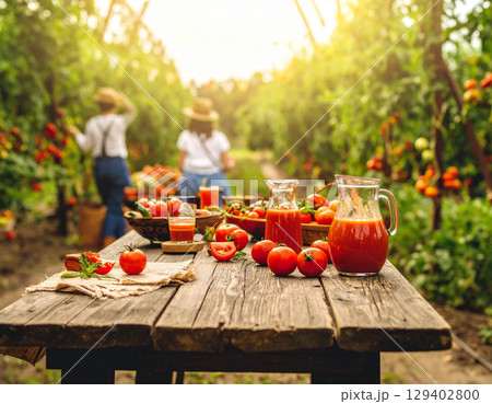 AI generated rustic wooden table with glass jug of blended tomato juice, sliced tomatoes, and whole fresh tomatoes against backdrop of sunlit tomato farm with harvesters at work 129402800
