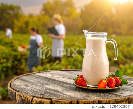 AI generated rustic wooden table with glass jug of blended strawberry drink, sliced strawberries and fresh berries against sunny strawberry farm backdrop with harvesters working 129402807