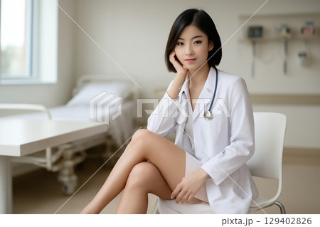 AI generated portrait of a young African American woman dressed in a medical coat, seated in a hospital room with a warm, professional expression. She embodies calm and confidence 129402826