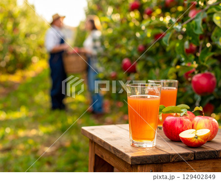AI generated wooden table with glass pitcher of blended apple drink, sliced fresh apples and whole fruits against sunny apple orchard backdrop featuring farmers harvesting AI generated wooden table with glass pitcher of blended apple drink, sliced fresh apples and whole fruits against sunny apple orchard backdrop featuring farmers harvesting 129402849