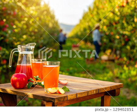 AI generated wooden table with glass pitcher of blended apple drink, sliced fresh apples and whole fruits against sunny apple orchard backdrop featuring farmers harvesting 129402851