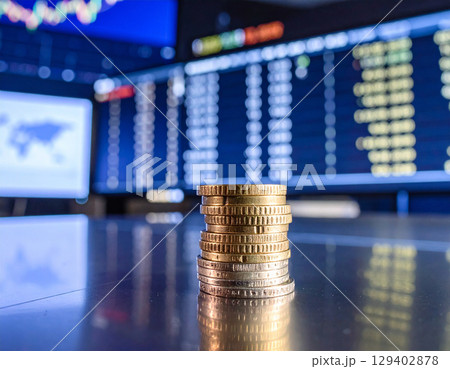 AI generated stack of euro coins on reflective glass surface with modern European trading floor backdrop showing stock market boards and financial monitors 129402878