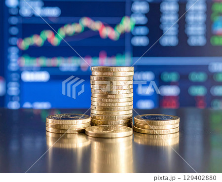 AI generated stack of euro coins on reflective glass surface with modern European trading floor backdrop showing stock market boards and financial monitors 129402880