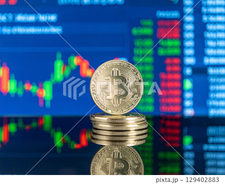 AI generated stack of physical bitcoin coins on reflective glass surface with modern cryptocurrency exchange backdrop showing digital asset price boards and trading monitors 129402883