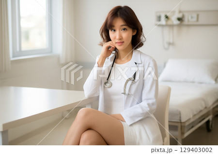 AI generated a professional portrait of an Asian female doctor in a hospital. She sits confidently in a clean, modern setting wearing a white lab coat and a serene expression, conveying AI generated a professional portrait of an Asian female doctor in a hospital. She sits confidently in a clean, modern setting wearing a white lab coat and a serene expression, conveying 129403002