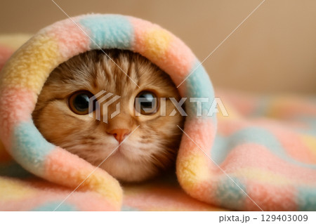 AI generated adorable Scottish Fold cat peeking out from cozy pastel blanket. Soft lighting highlights its big eyes and small nose. Peaceful and comforting atmosphere, perfect for capturing warmth 129403009