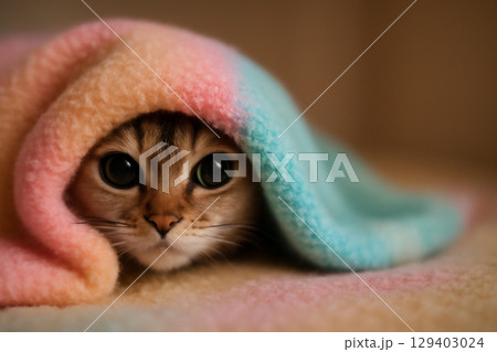 AI generated image of a cute Singapura cat peeking from a cozy pastel blanket with big eyes and a tiny nose. The soft colors, playful mood, and fuzzy texture evoke warmth and comfort. 129403024
