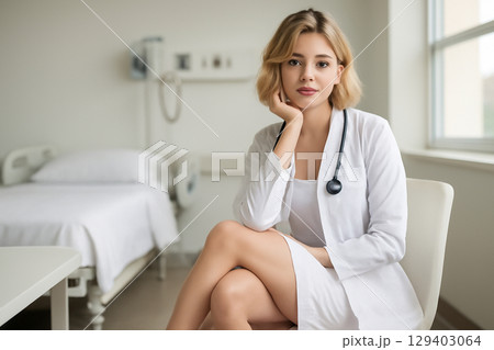 AI generated image of a young female doctor with a warm smile sitting in a hospital room. She is wearing a white lab coat and dress, exuding confidence and professionalism in a modern medical setting. AI generated image of a young female doctor with a warm smile sitting in a hospital room. She is wearing a white lab coat and dress, exuding confidence and professionalism in a modern medical setting. 129403064